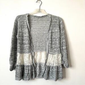 Woman’s Size S Knit Lace Panel Ruffle Hem Cardigan –Soft Feminine Style